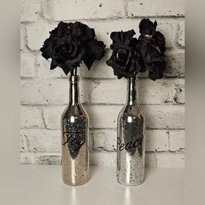 Mercury Glass-Style Bottle Vase Set w/ Black Roses Gothic Glam Decor
